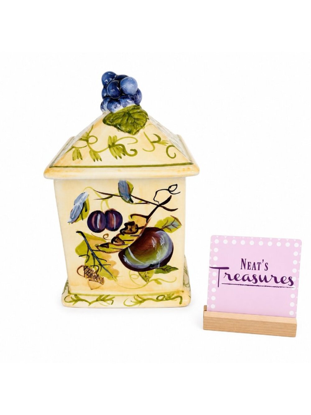 Capriware FRUIT & VINES Hand Painted Apple Plums Ceramic Square Small Canister